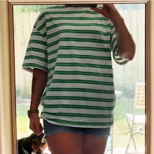 Topshop Green and White Striped Oversized T-shirt
